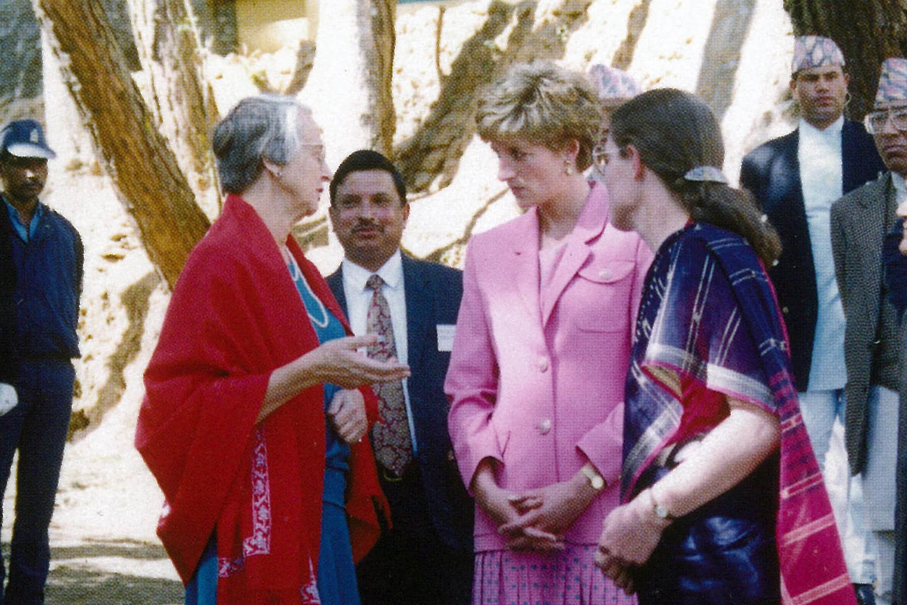Grace Warren speaking with Princess Diana, Dr Ruth Butlin and other staff at Anandaban Leprosy Hospital, Nepal 1993